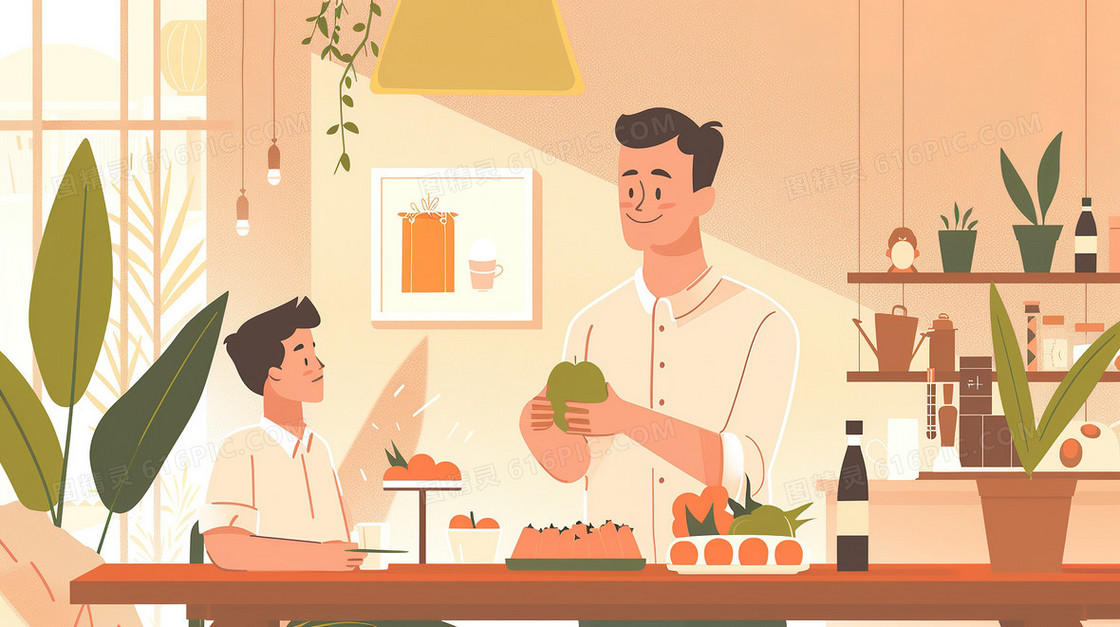男孩和爸爸做美食插画