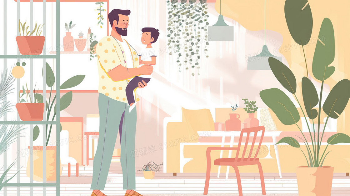 爸爸抱着小男孩插画