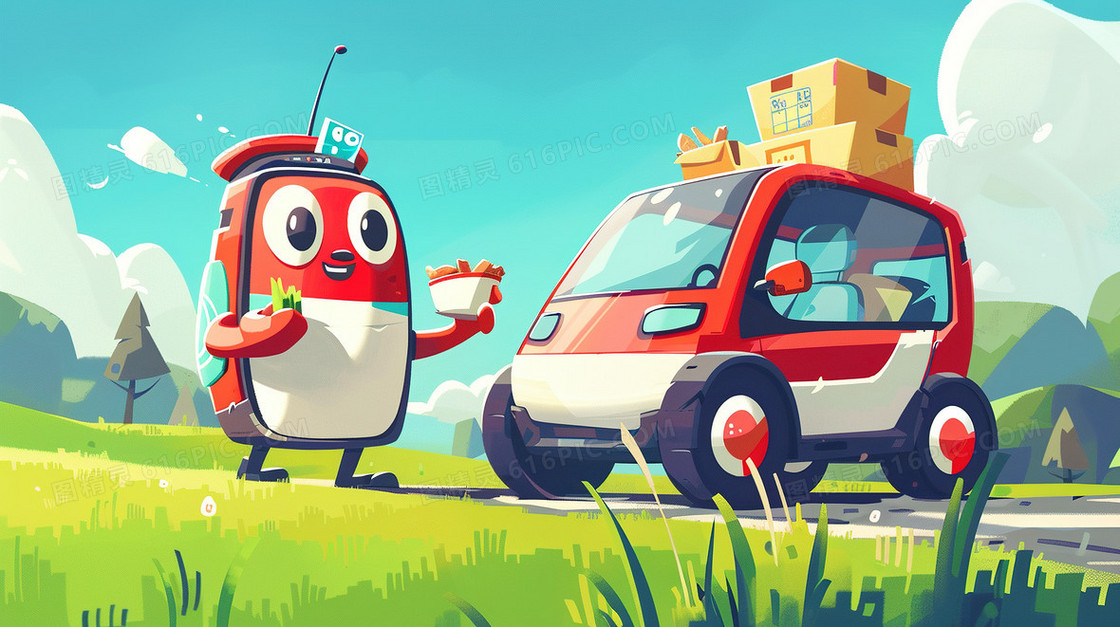 节假期自驾出行的男孩插画