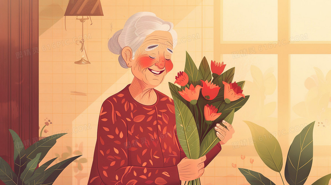 手拿花束微笑的姥姥插画