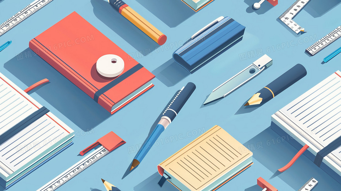 桌面上的学习文具插画