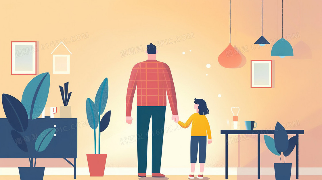 室内爸爸和小女孩牵手插画