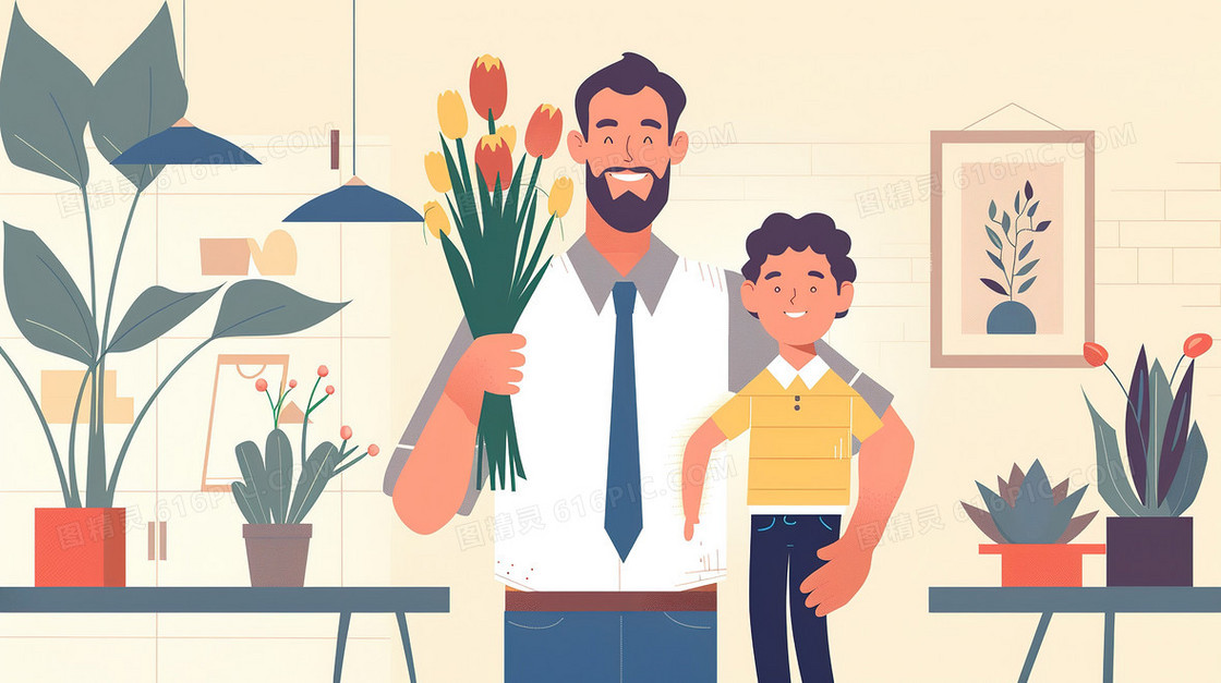 手拿花束拥抱男孩的父亲插画