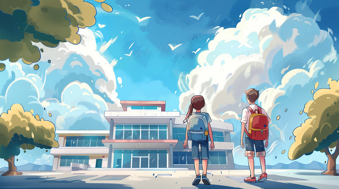 背书包上学的中学生插画