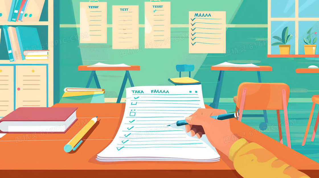 教室做试卷的学生插画
