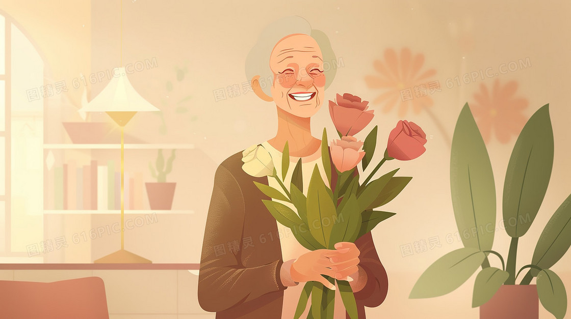 手拿花束微笑的姥姥插画