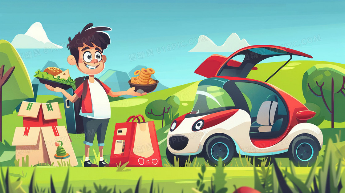 节假期自驾出行的男孩插画