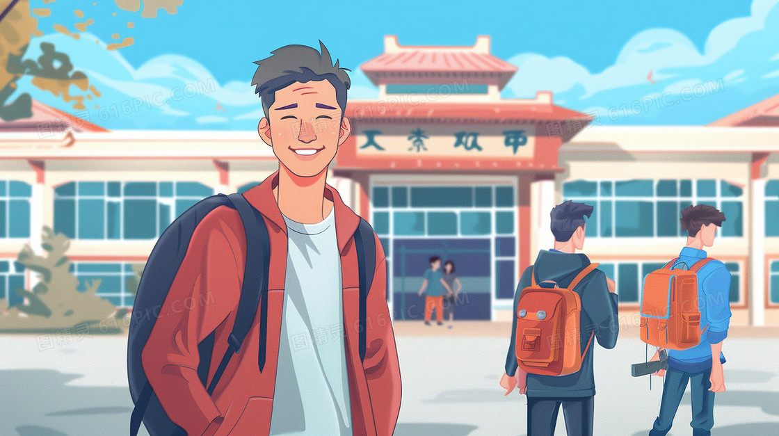 背书包上学的中学生插画