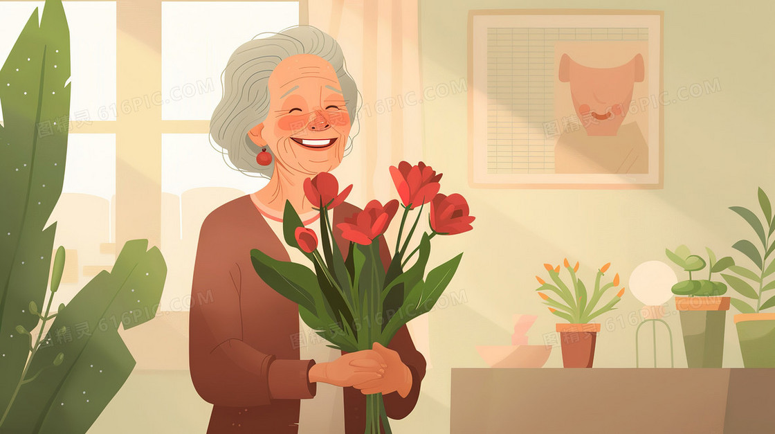 手拿花束微笑的姥姥插画