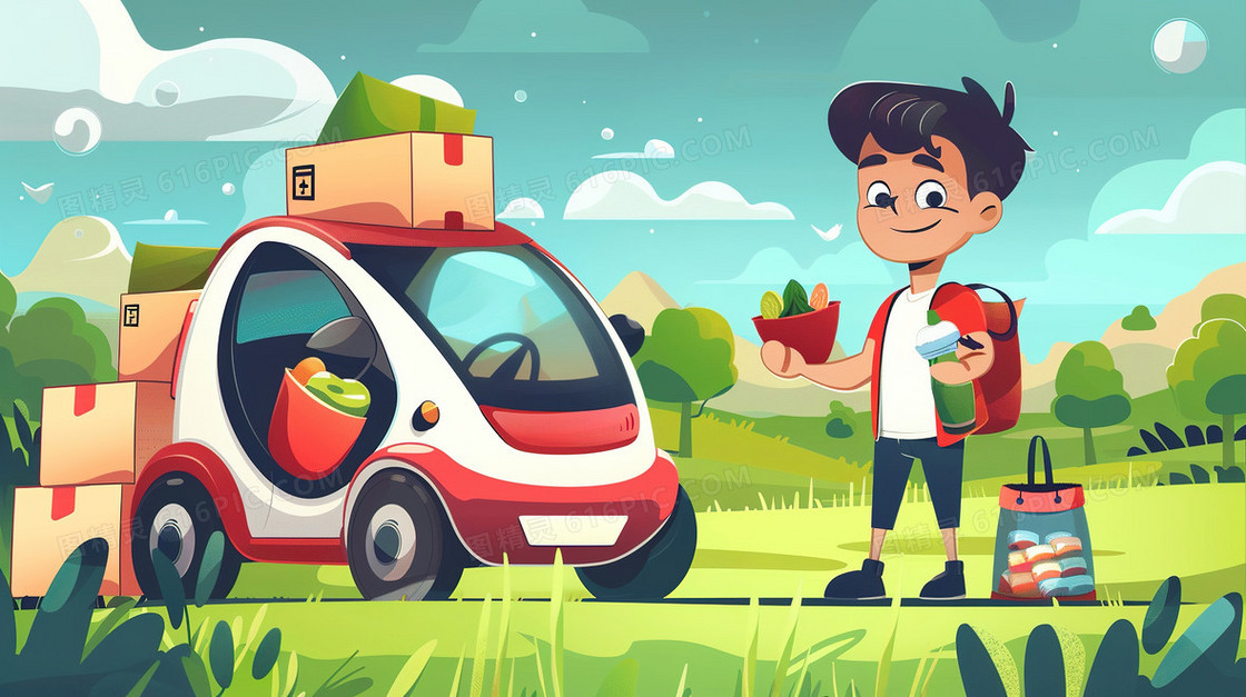 节假期自驾出行的男孩插画