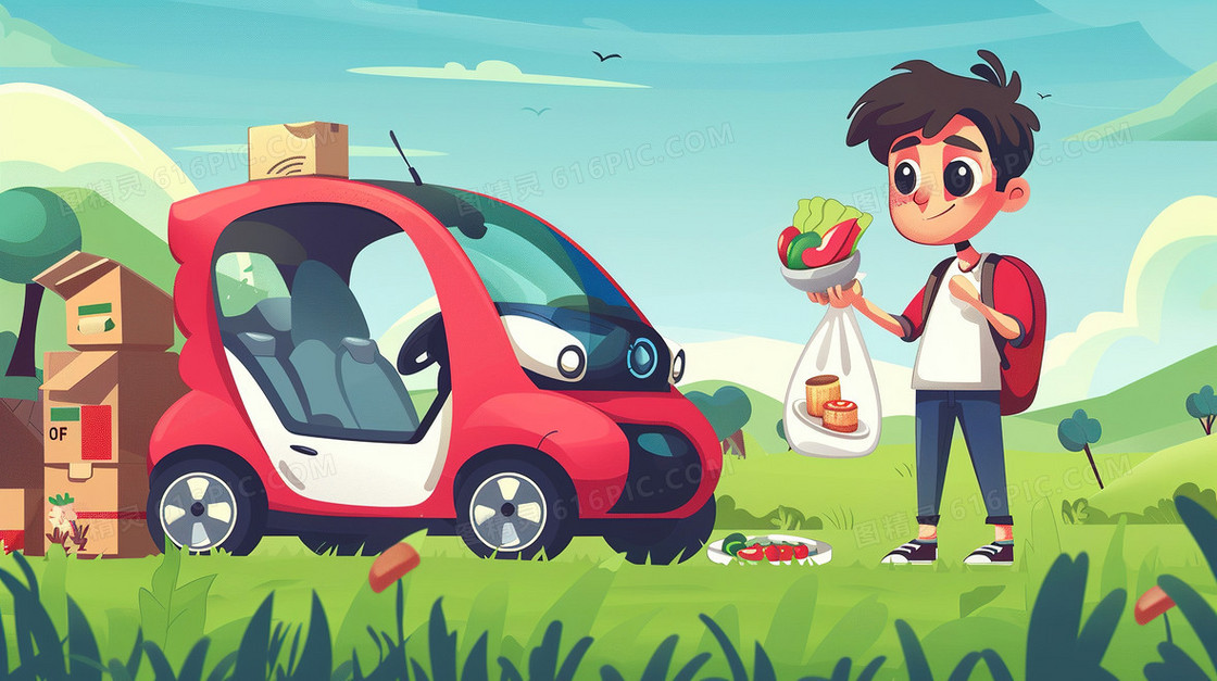 节假期自驾出行的男孩插画