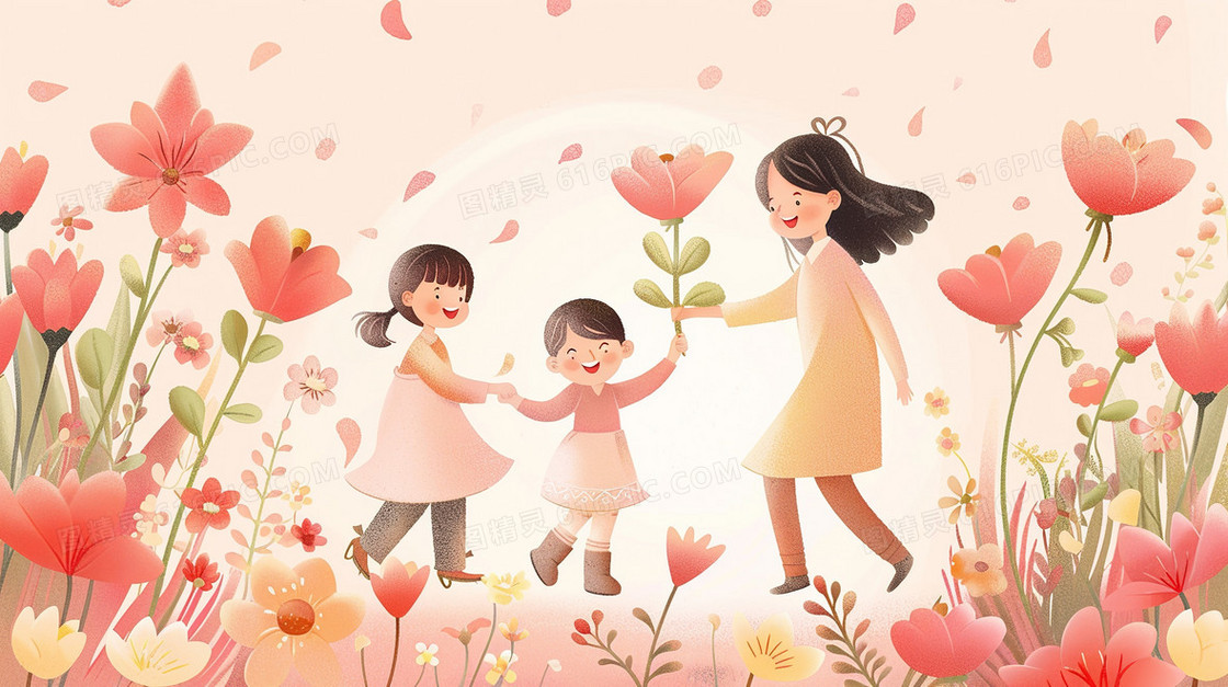 花丛中孩子和母亲插画