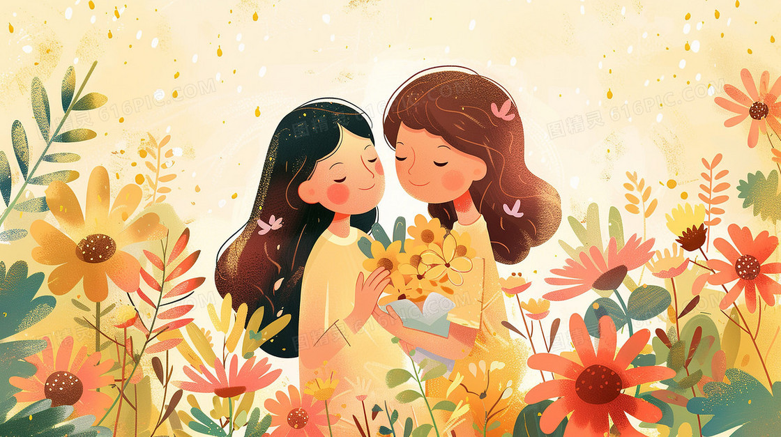 花丛中孩子和母亲捧着花相拥插画