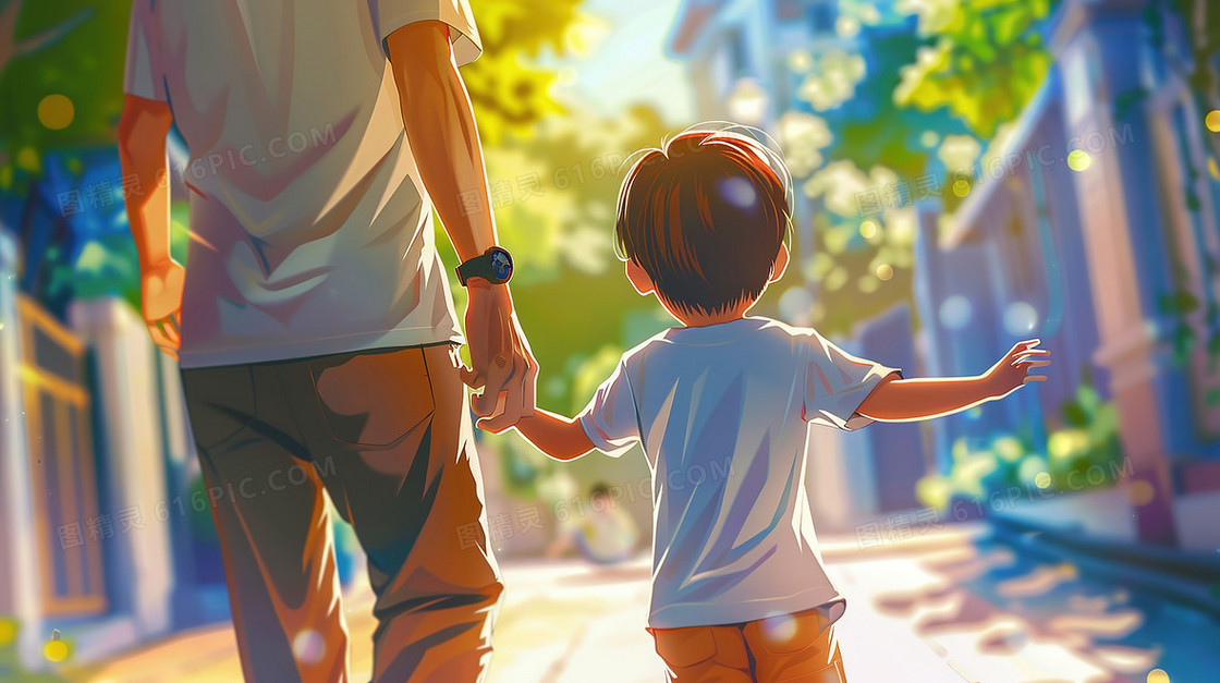 落日下父子牵手向前走的背影插画