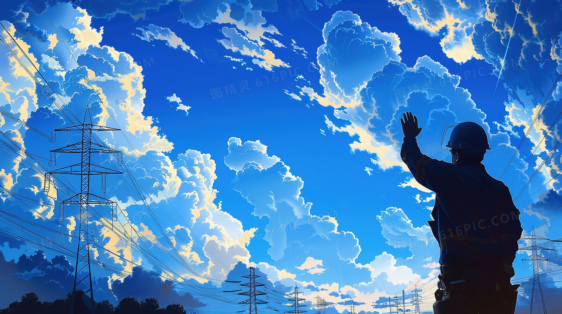 仰望蓝天的建筑工人插画