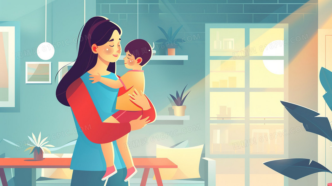 妈妈抱着小男孩插画