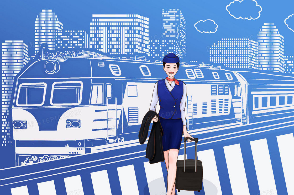 列车的上的乘务员手绘插画