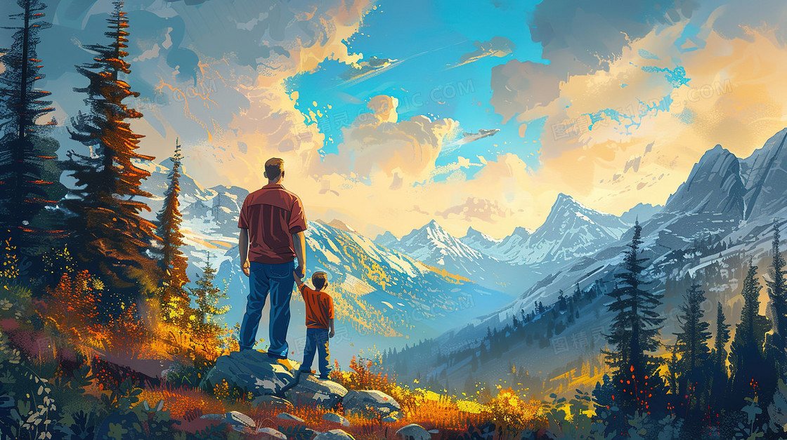 父亲节亲子散步插画