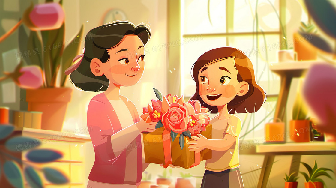女孩开心的送给母亲包装精致的礼品插画