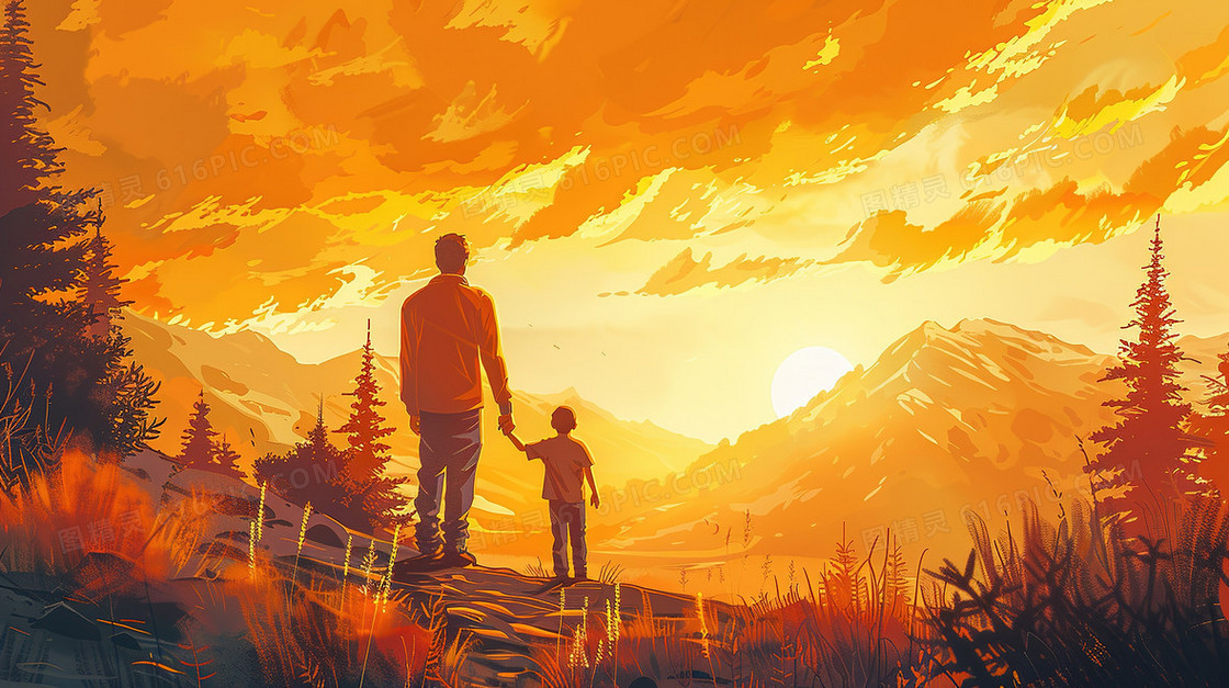 父亲节亲子散步插画