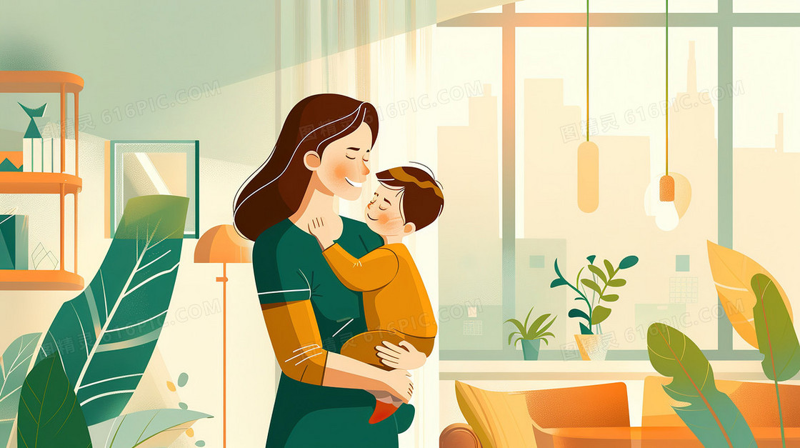 妈妈抱着小男孩插画