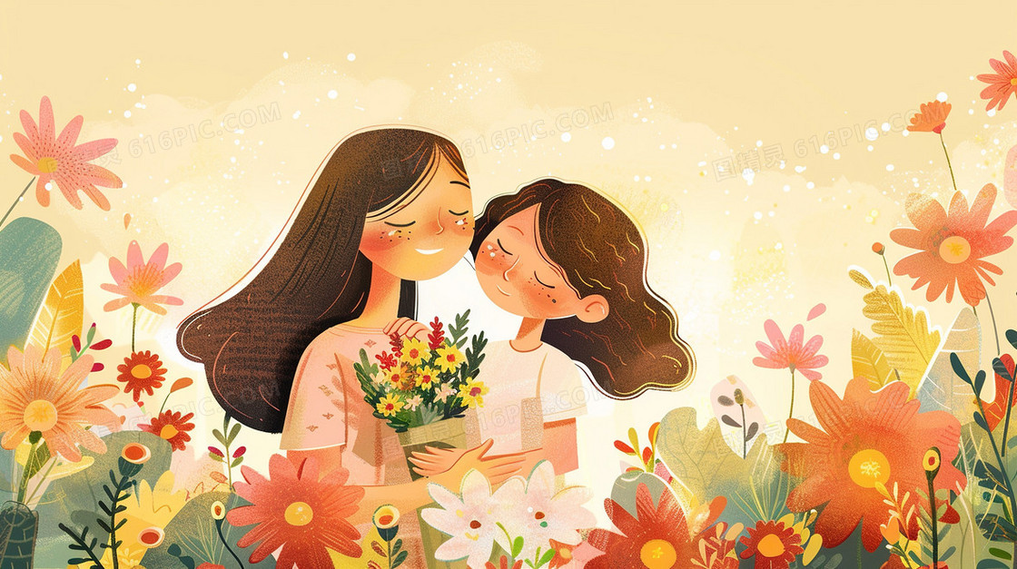 花丛中孩子和母亲捧着花相拥插画