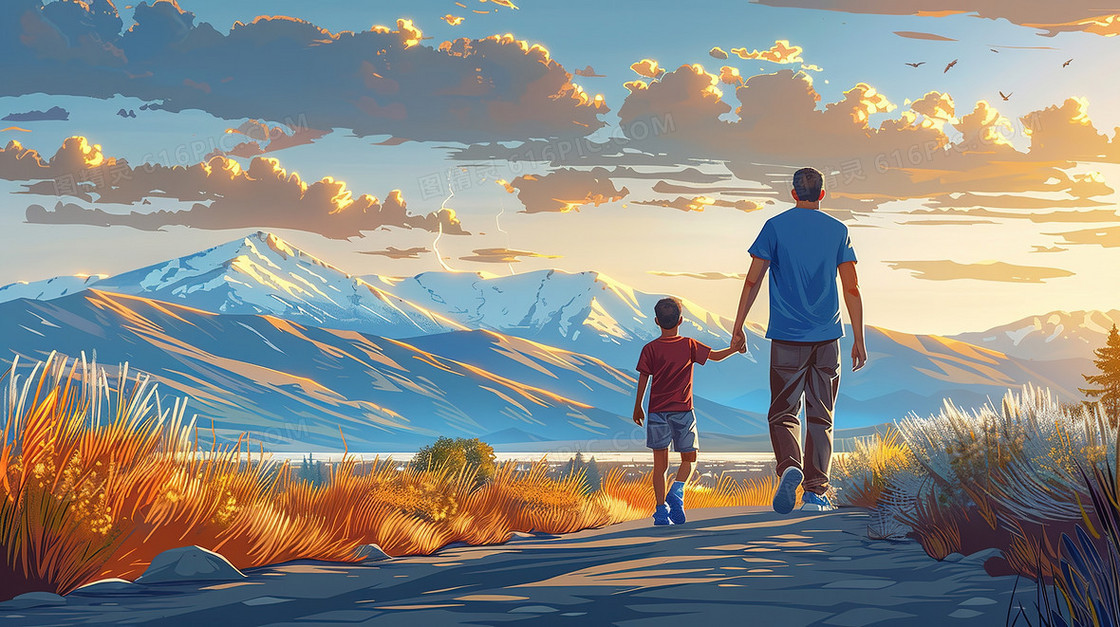 父亲节亲子散步插画