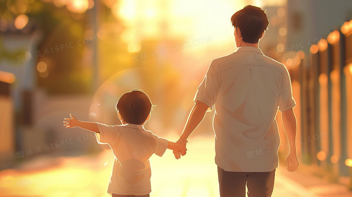落日下父子牵手向前走的背影插画