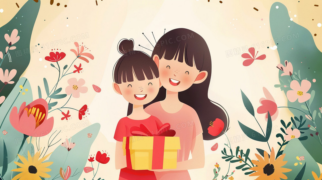 花丛中母亲节女孩开心的送给母亲礼物插画