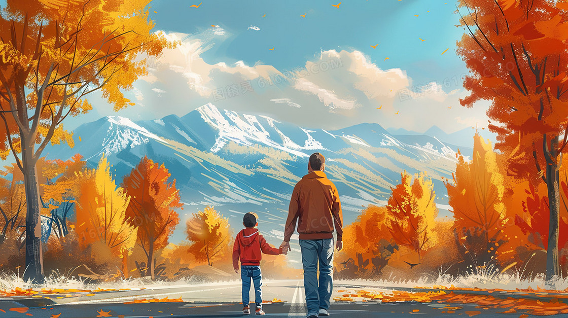 父亲节亲子散步插画