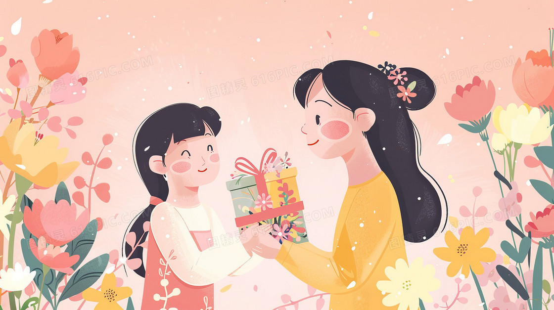 花丛中女儿送给母亲礼物插画