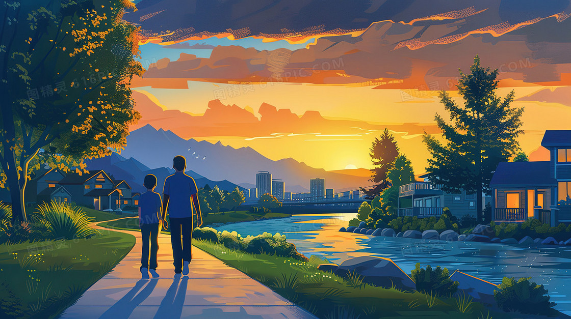 父亲节亲子散步插画