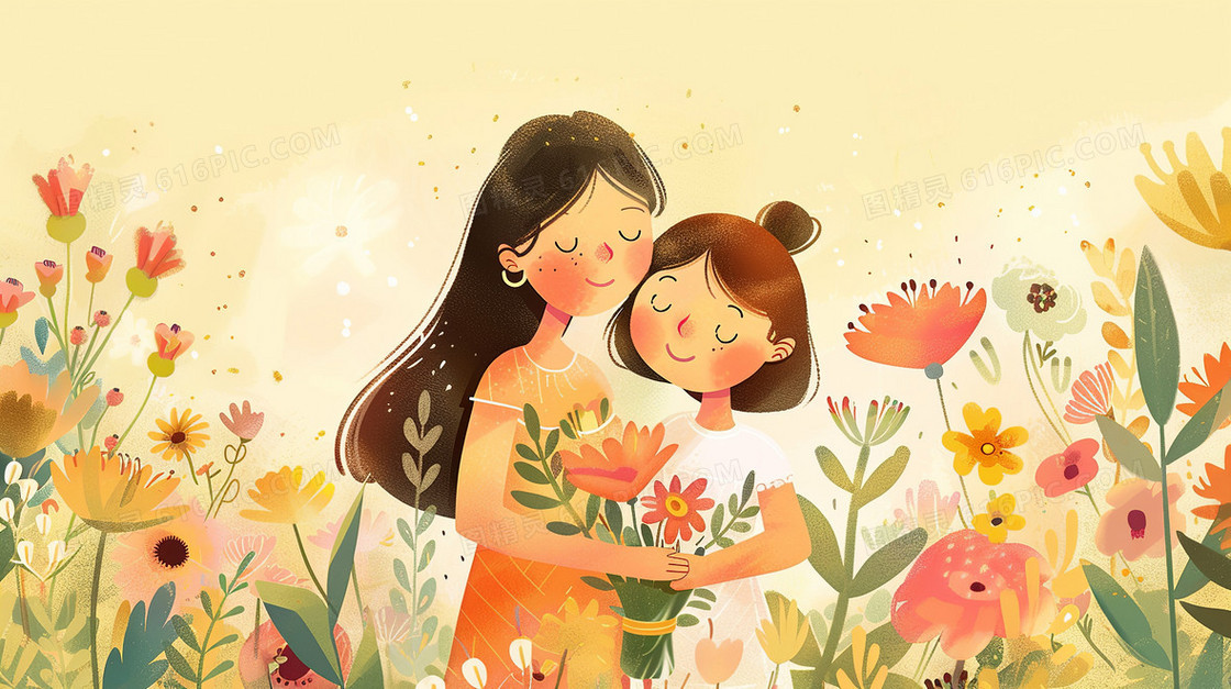 花丛中孩子和母亲捧着花相拥插画
