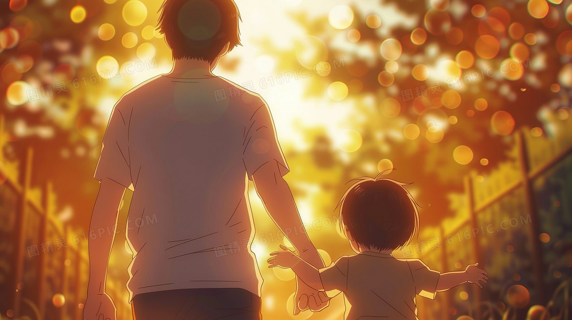 落日下父子牵手向前走的背影插画