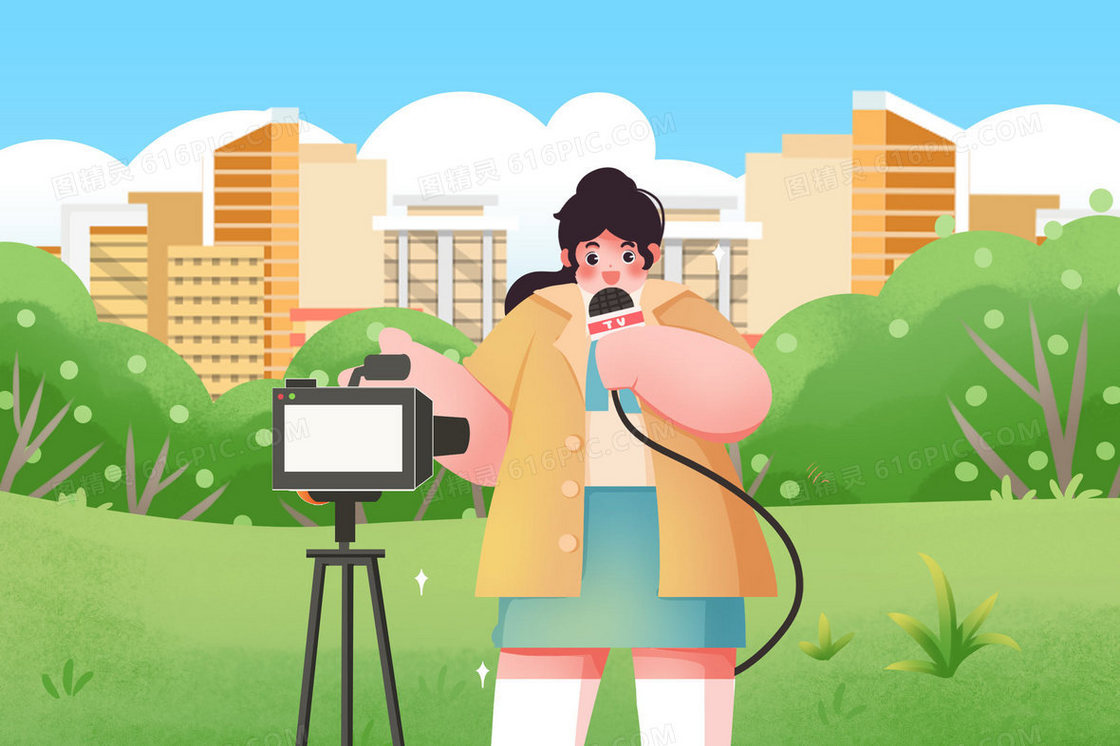 记者在户外播报新闻手绘女性职业组图插画