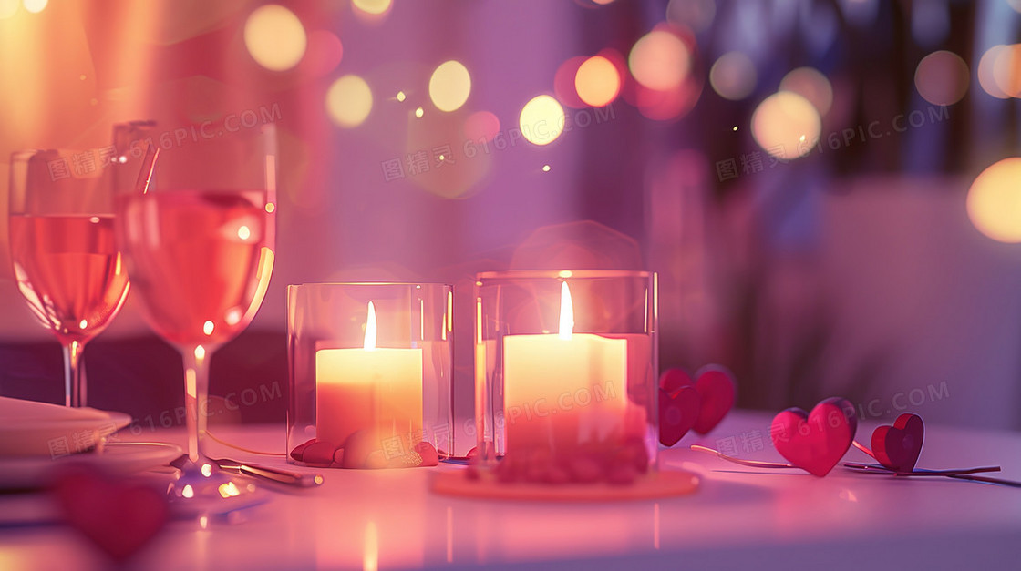 520桌面蜡烛爱心酒杯插画