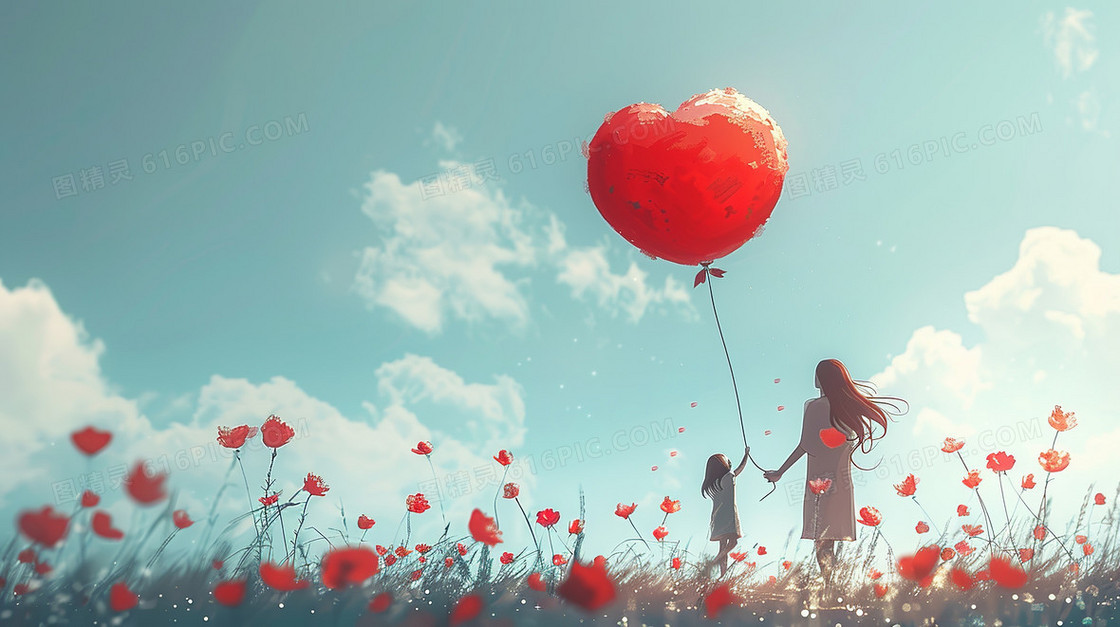 天空下母亲带着孩子拿着红色的气球插画