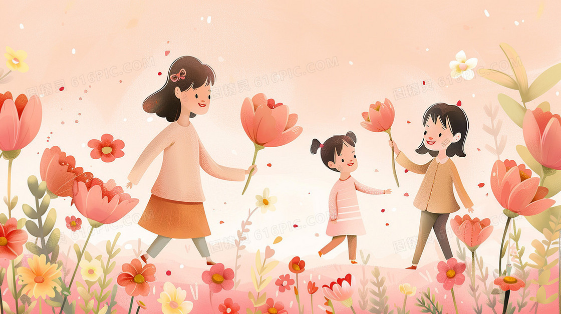 花丛中孩子和母亲插画