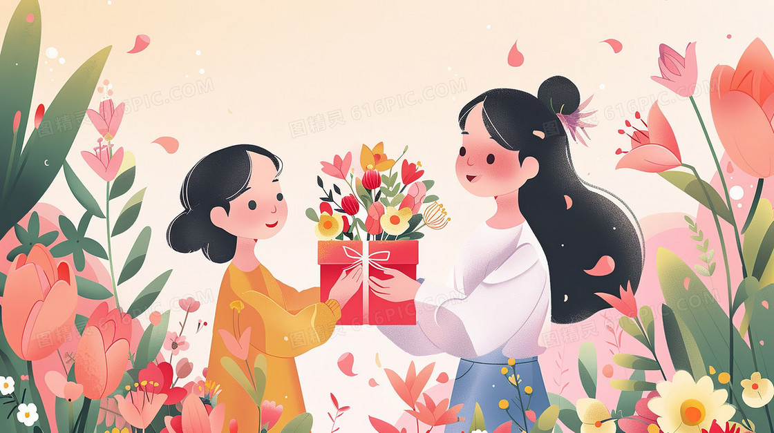 花丛中女儿送给母亲礼物插画
