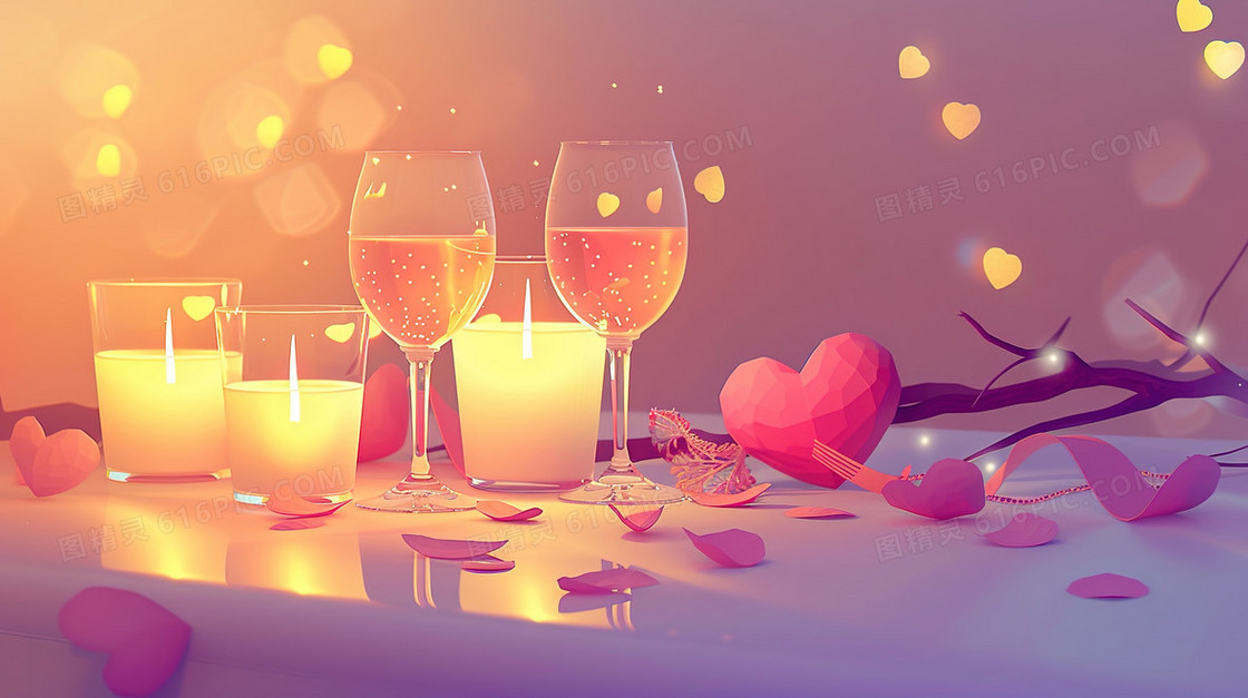 520桌面蜡烛爱心酒杯插画
