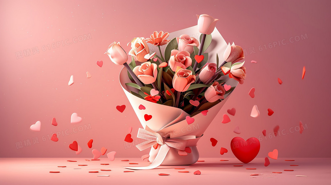 母亲节粉色背景下的一束彩色鲜花插画