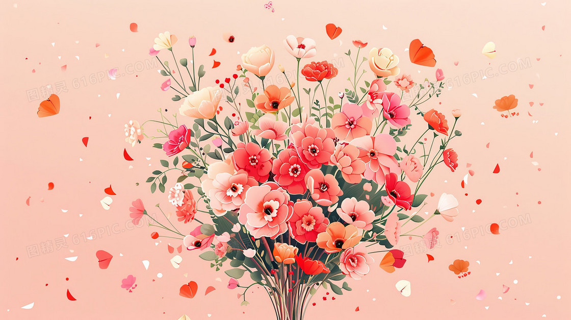 母亲节粉色背景下的一束彩色鲜花插画