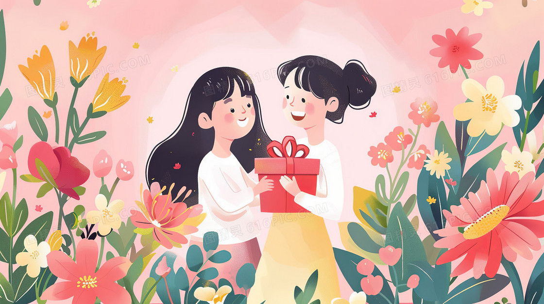 花丛中女儿送给母亲礼物插画
