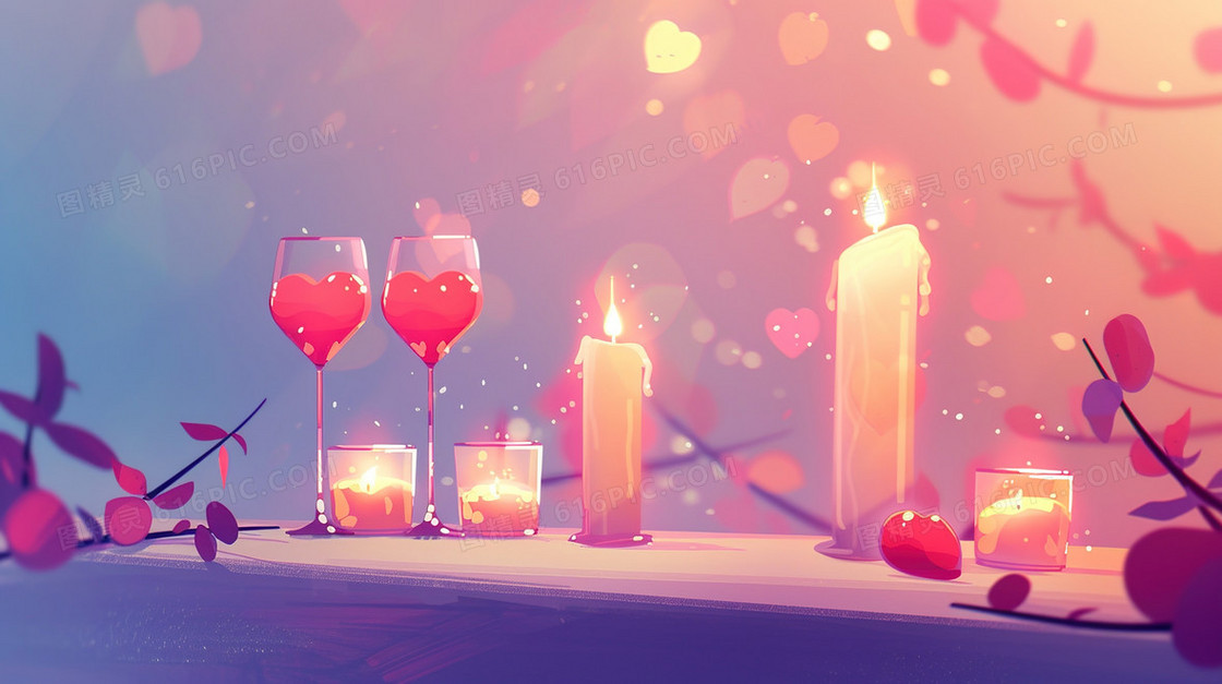 520桌面蜡烛爱心酒杯插画