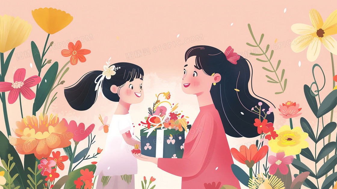 花丛中女儿送给母亲礼物插画