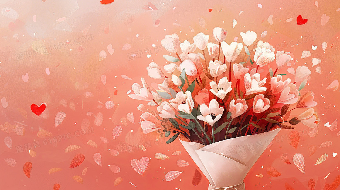 母亲节粉色背景下的一束白色鲜花插画