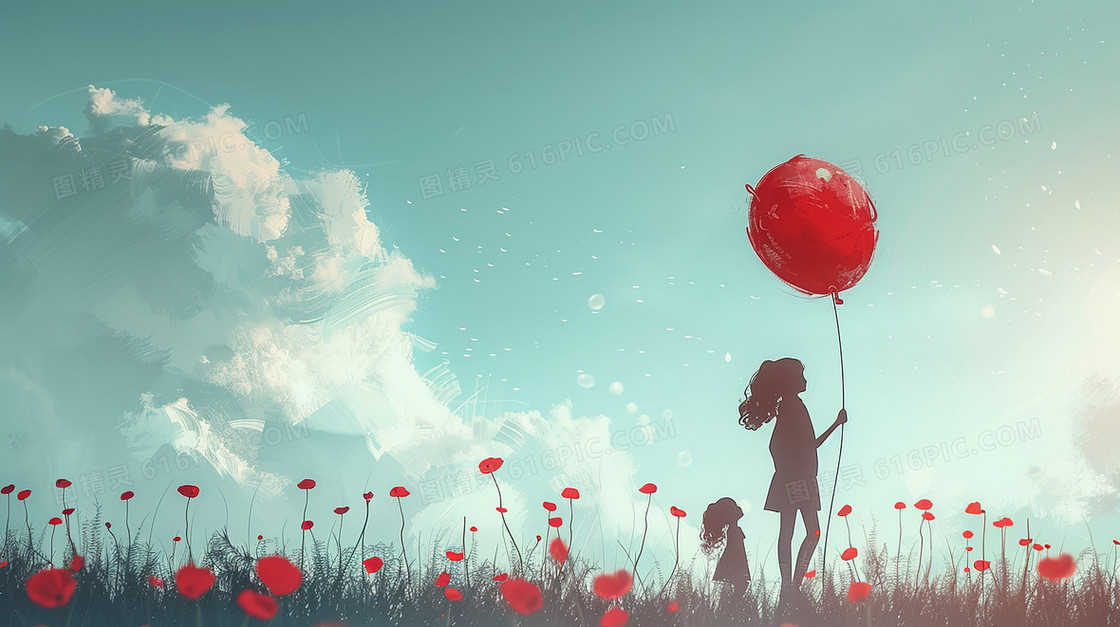 天空下母亲带着孩子拿着红色的气球插画