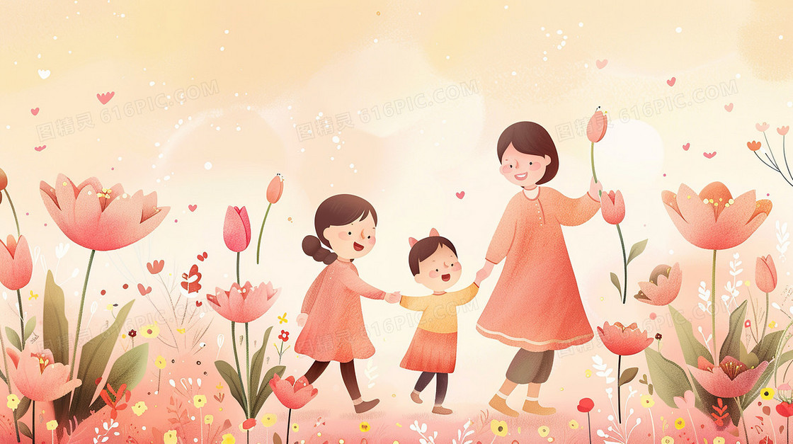 花丛中孩子和母亲插画