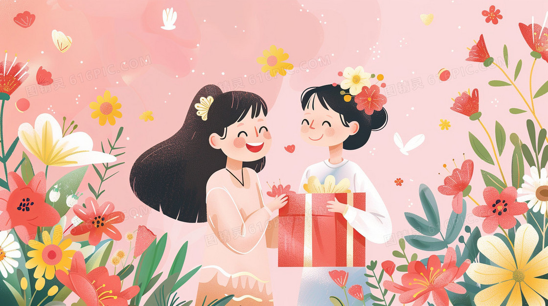 花丛中女儿送给母亲礼物插画
