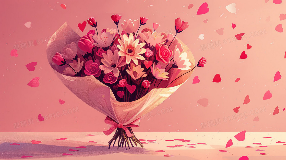母亲节粉色背景下的一束红色鲜花插画